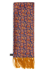 ‘The Kent Aviator’ deep violet/blue silk scarf with small orange, red and royal blue paisley patterns, arranged in a rectangular shape, clearly showing the gold 3-inch fringe and the ‘Soho Scarves’ label on the left edge.